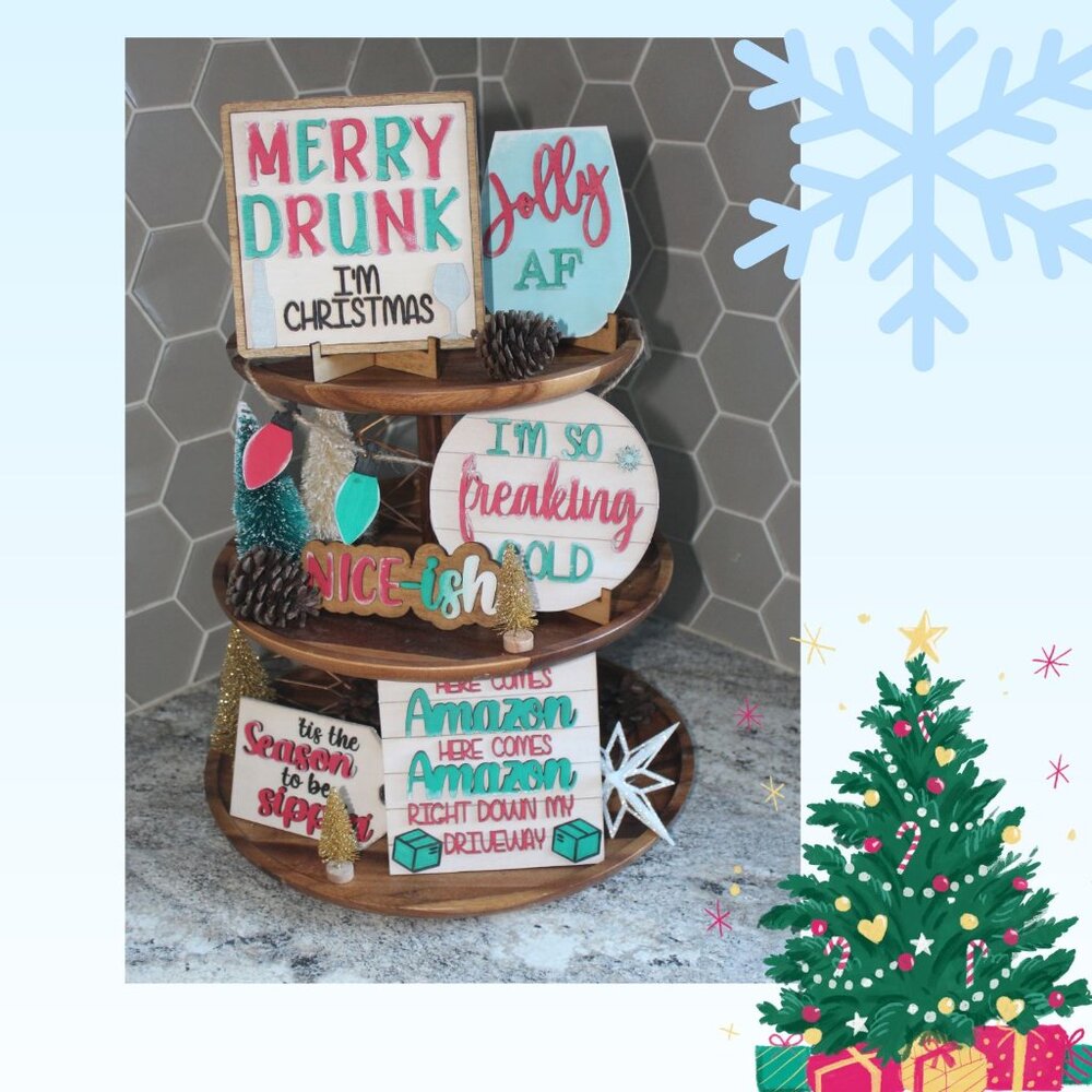 Handmade Jolly AF Funny Christmas Tiered Tray Decor Set (Tray Not Included)